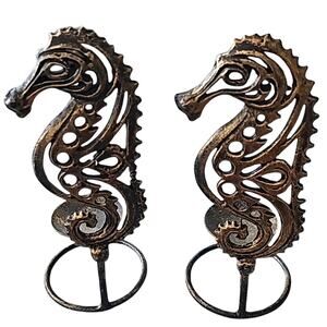 Set of Two Brass Seahorse Ball Candle Holders Made in Indonesia 9.5" x 3.5"